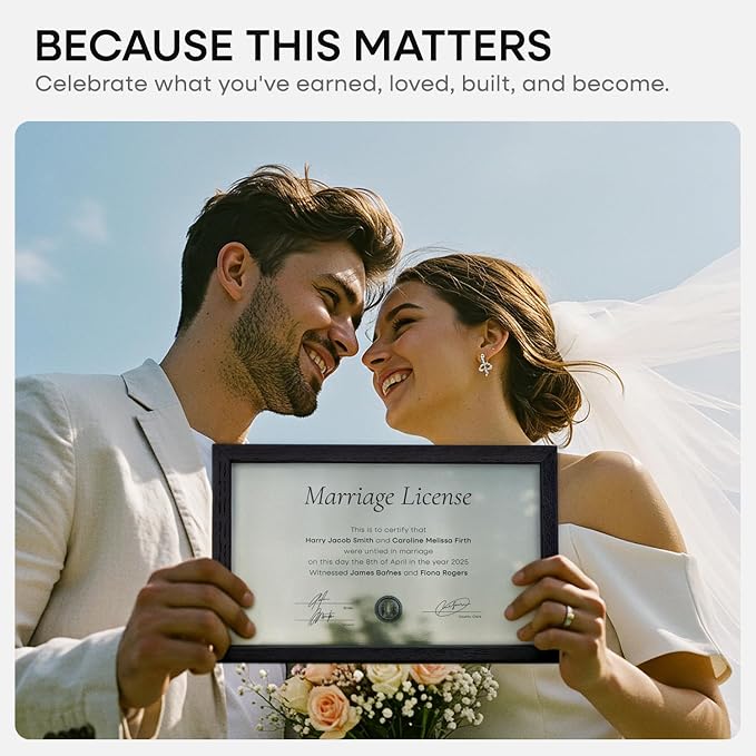 Homeforia 8.5x14 White Oak Marriage License Frame, High-End Wood, Glass