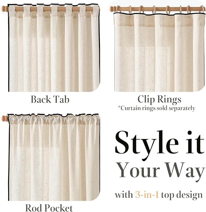 jinchan Beige Linen Curtains with Black Trim Back Tab 50 x 90 Inch 2 Panels | Semi sheer light filtering, modern farmhouse curtains for living room and bedroom, back tab rod pocket, machine washable