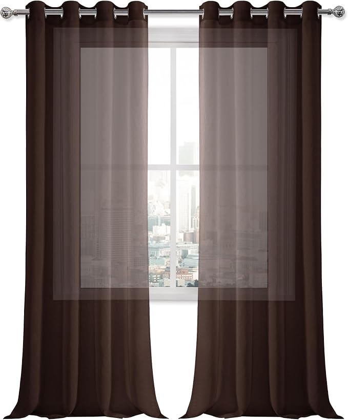 DWCN Brown Sheer Curtains Linen Look Semi Transparent Voile Grommet Curtains for Living Room Bedroom Drapes 52 x 90 inches Long, Set of 2 Panels
