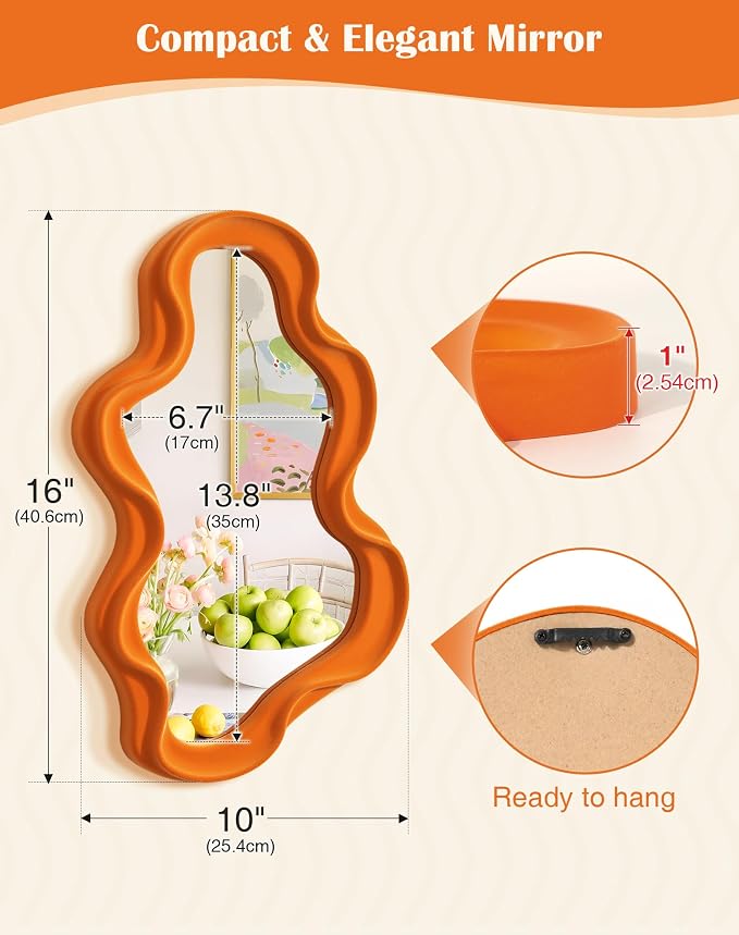 Small Decorative Mirror for Girly Bedroom Dresser Decor, Vivid Abstract Wavy Wall Mirrors for Home Aesthetic Book Coffee Shop Hotel Decoration, Unique Gift for Birthday Thanksgiving (Orange)