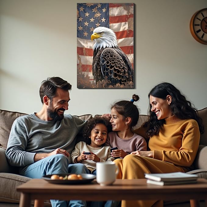 Framed Vintage Bald Eagle American Flag Wall Art, Patriotic Rustic Canvas Art Pictures, USA Eagle Wall Decor, Made in USA Ready to Hang for Office Man Cave