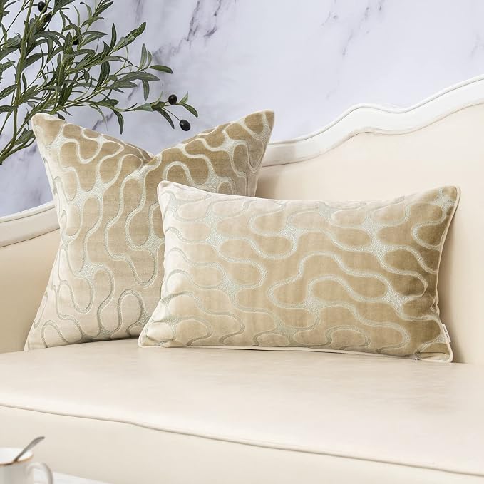 Yangest Beige Square Throw Pillow Cover Wavy Velvet Cushion Cover Modern Zippered Pillowcase for Sofa Couch Bedroom Living Room Chair, 18 x 18 Inch