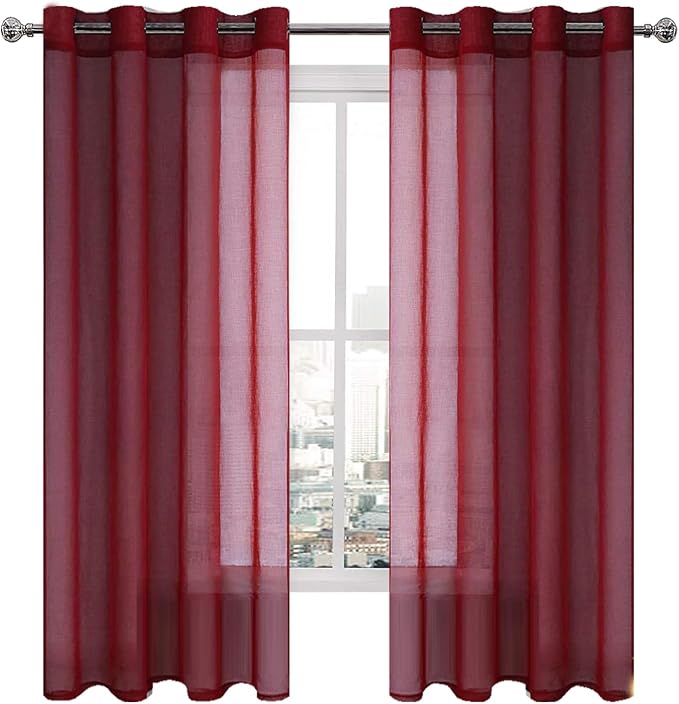 DWCN Sheer Curtains, Faux Linen Grommet Window Curtain Voile Sheer Drapes for Living Room Bedroom Thanksgiving Day & Christmas Decor Set of 2 Panels 52 x 63 Inch Long, Burgundy Red