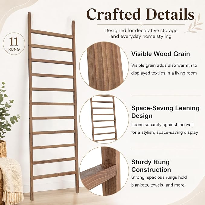 FUIN Blanket Ladder, 24 in Wide 11-Rung Solid Wood Rustic Decor Rack, Brown | 11 rungs and 24in wide, Solid wood visible grain, Angled lean-to design, Anti-slip support, Living room and bathroom use
