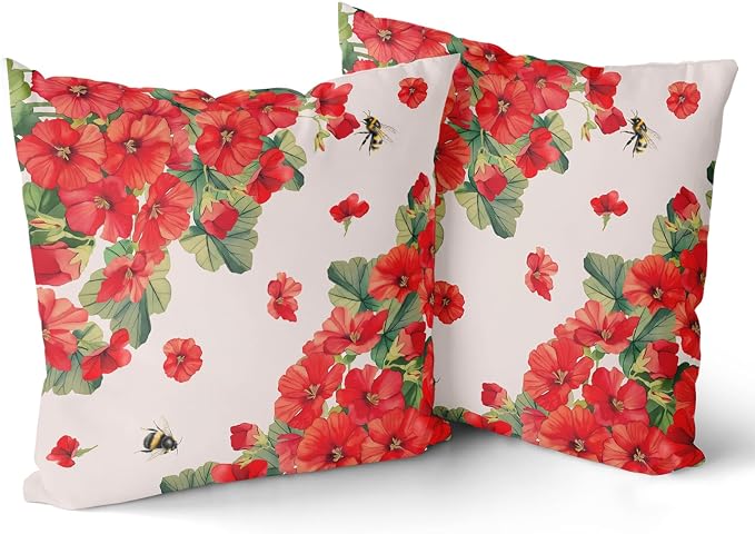 Giwawa 2PCs Geranium Throw Pillow Covers, 16"x16" Spring Summer Red Floral Bees Decorative Cotton Pillow Cases, Watercolor Flower Blossom Square Cushion Cover Sofa Couch Porch Living Room