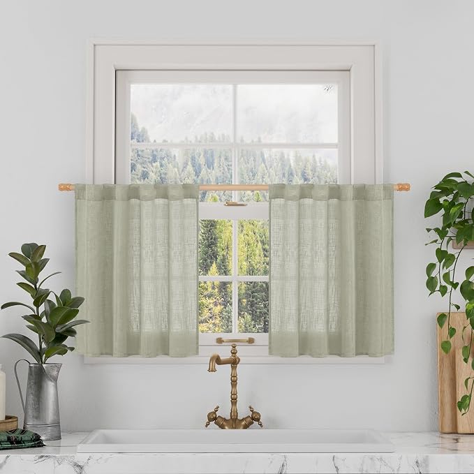 Sage Grey Linen Curtains 24 Inch Length for Cafe Small Window | Semi Sheer, Light Filtering Panels, Kitchen Window Over Silk, Basement, Rod Pocket Back Tab, 2 Panels, 34 x 24 Inch