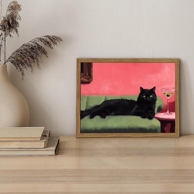 Cute Black Cat With Martini Wall Art Funny Animal Wall Decor Quirky Whimsical Cocktail Bar Cart Canvas Painting Poster Prints Pet Lover Picture Aesthetics for Bedroom Living Room Framed 16x24 inch