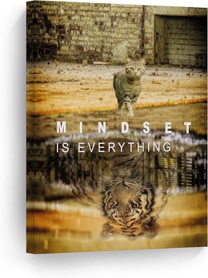 Smile Art Design Mindset is Everyting Cat and Reflection is Tiger Motivational Wall Art Canvas Print Inspirational Entrepreneur Quote Office Living Room Decor Gift Ready to Hang 28x19