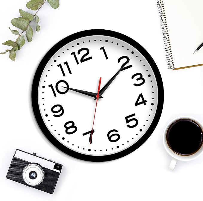 Roymnie 8 Inch Small Wall Clock, Battery Operated Silent Non Ticking Black | analog wall clock; bold numerals for easy reading; silent non-ticking; 1 AA battery (not included); for classroom