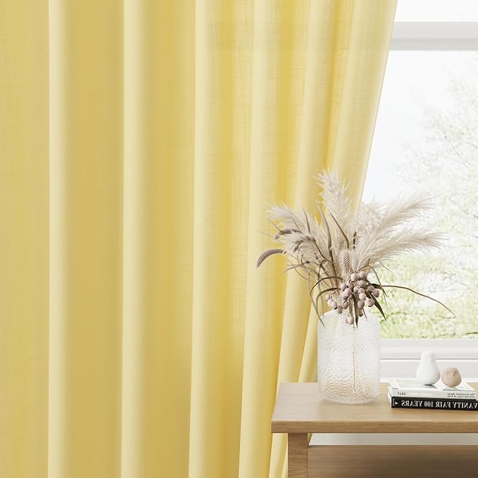 Yellow Linen Curtains 108 Inch Length for Living Room Bedroom 2 Panels Set Rod Pocket Light Filtering Semi Sheer Window Curtains 52 Inch Width Boho Farmhouse Linen Drapes, W52xL108