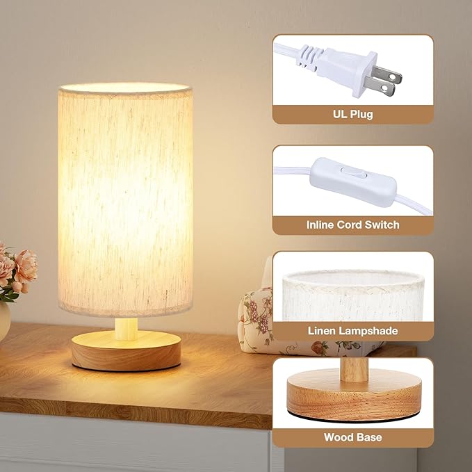 Fenmzee 9" Small Table Lamp for Bedroom - Inline Control with 3000K Blub