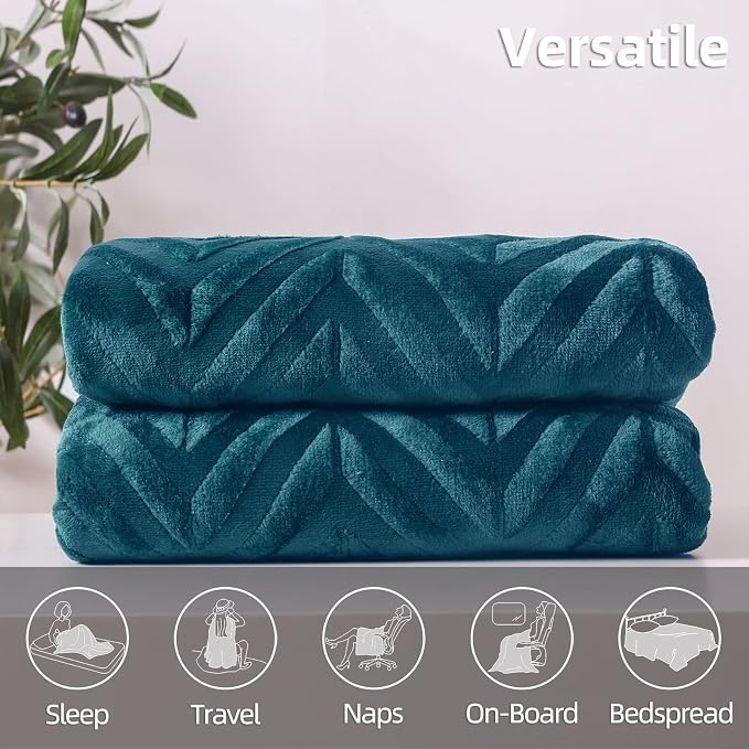 Whale Flotilla Flannel Fleece Bed Blanket King Size, Teal | Lightweight Breathable Soft Bedspread, Plush Fluffy Coverlet Chevron Design Decorative Blanket for All Season, 90x104 Inch