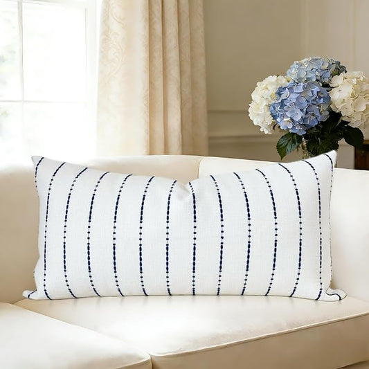 Slow Cow Linen Embroidery Decorative Lumbar Throw Pillow Cover Rectangular Pillowcase Cushion Cover for Bed Couch Sofa 12 x 24 Inches Navy Blue
