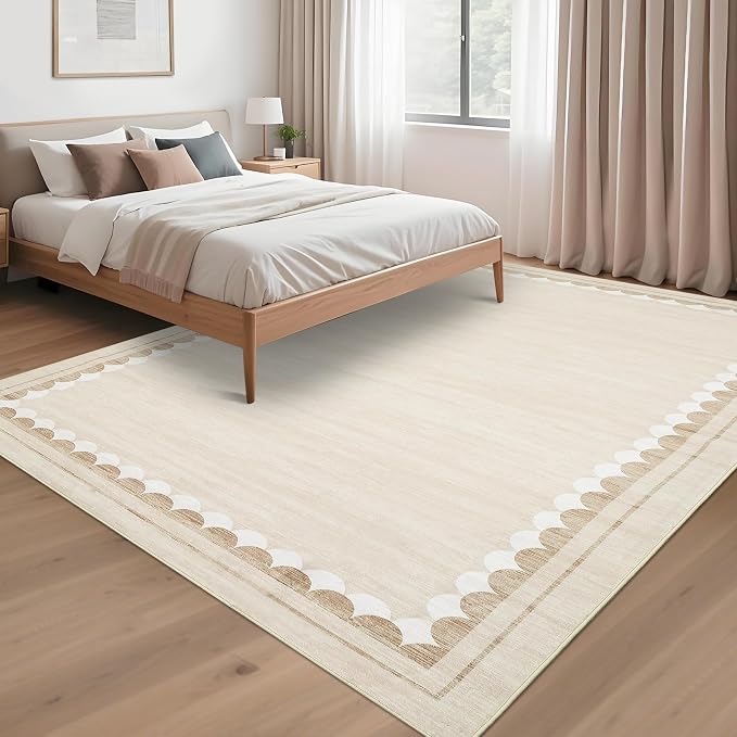 COZYLOOM 10x13 Dining Room Rugs for Under Table, Machine Washable Area Rugs for Bedroom, Non Slip Non Shedding Modern Border Rug, Stain Resistant Low Pile Carpet for Living Room, Nursery, Beige