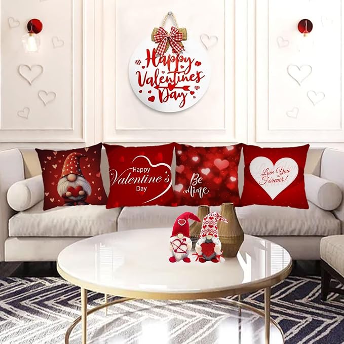 YeeJu Happy Valentines Day Pillow Covers 24x24 Set of 4 Red Love Heart Gnome Pillow Cases Velvet Wedding Anniversary Love You Cushion Covers for Outdoor Couch Sofa Decoration(24 Inch)