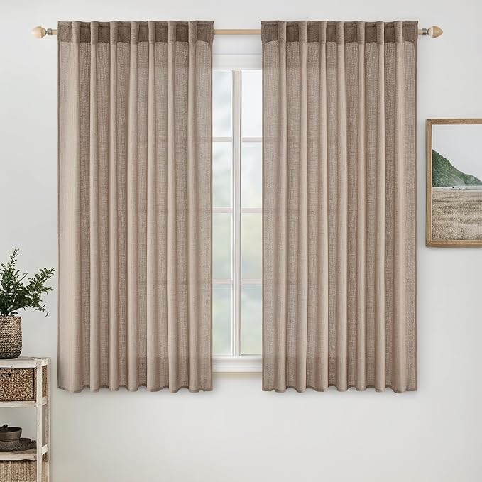 MIULEE Taupe Linen Curtains 42x63 Inch Length 2 Panels for Bedroom | Window Drapes for Living Room, Soft Thick Linen Textured, Semi Sheer Light Filtering, Back Tab Rod Pocket, Burlap Look Decor
