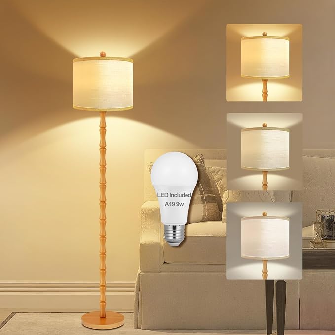 Vinaco Wood Floor Lamp, 3 Color Temperatures Dimmable Rotary Switch