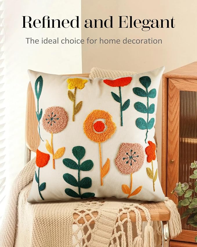 Embroidered Throw Pillow Cover - 18x18 Decorative Pillow Cover with Zipper Aesthetic Cute Design Boho Spring Summer Cozy Throw Pillowcase for Living Room Couch Sofa Bed, Plants