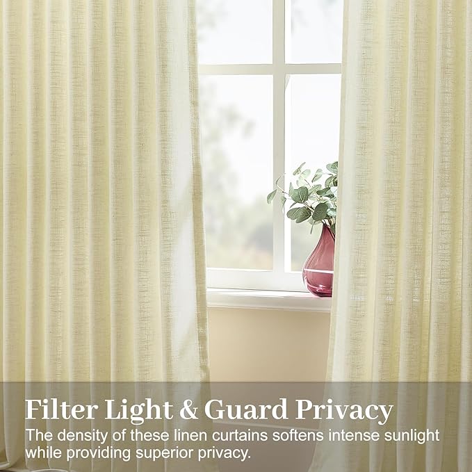 Extra Long Pinch Pleated Sheer Linen Blend Curtains Light Filtering, 40X102 | Living Room, Semi Sheer, Pinch Pleat, with Hook Rings, Ceiling to Floor, Memory Shape, FarmhouseGrey Beige, 2 Panels