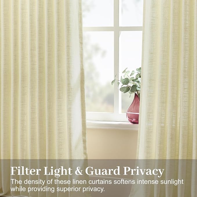 Extra Long Pinch Pleated Sheer Linen Blend Curtains Light Filtering, 40X108 | Living Room, Semi Sheer, Pinch Pleat, Hook Rings, Ceiling to Floor, Memory Shape, Farmhouse, W40xL108, Grey Beige, 2 Panels