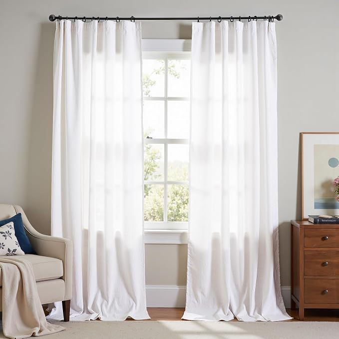 jinchan Linen Curtains Light Filtering Back Tab 60x108 Inch 2 Panels White | Semi Sheer Curtains 108 inch length for Bedroom Living Room, Modern Farmhouse Drapes with Rod Pocket, Natural Boho Curtains