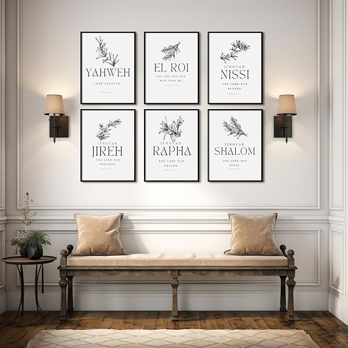 Christian Hebrew Names of God Wall Art Bible Verse Scripture Canvas Wall Decor Art Minimalist Jesus Pictures Modern Christian Poster Artwork Bible Verse Prints for Room 8x10 Inch Unframed Set of 6
