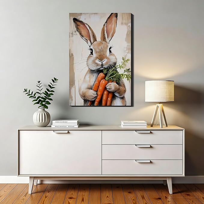 RIBNTAK Large Easter Bunny Carrot Canvas Wall Art 20x30, Framed Cute Rabbit Prints Picture for Living Room, Rustic Farmhouse Spring Wall Decor, Kids Room Holiday Easter Decoration