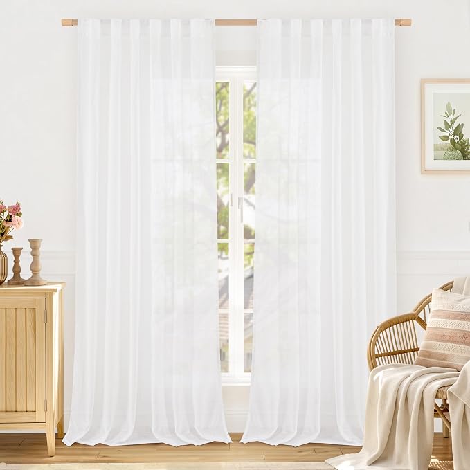 Semi Sheer Linen Curtains 102 Inches Long, 2 Panels, 52 x 102 Inch | White, Light Filtering, Curtains for Living Room, Neutral Window Drapes for Bedroom, Farmhouse, Back Tab Rod Pocket Panels
