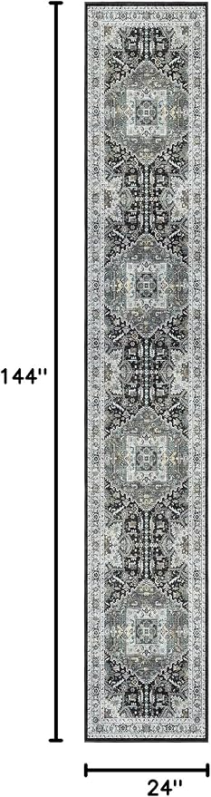Madane Washable Runner Rugs 2x12 for Hallway Kitchen Grey Green/Black Olive | Non-Slip Vintage Printed 12ft Long Rug Runners with Rubber Backing, Thin Low-Pile Floor Carpet Laundry Room Entryway