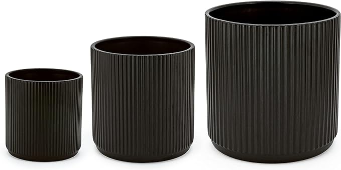 Amazon Basics Fluted Ceramic Planters for Indoor Outdoor Plants, Round Flower Pots with Drainage Hole, Set of 3, 6 inch, 8 inch, 10 inch, Black