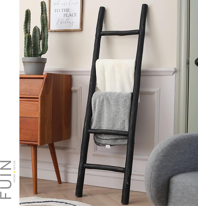 FUIN Blanket Ladder, 57in Rustic Wood Decor Rack, Fully Assembled, Black | Farmhouse living room accent, Layered blanket towel quilt display, Visible wood grain, Bathroom and Bedroom use