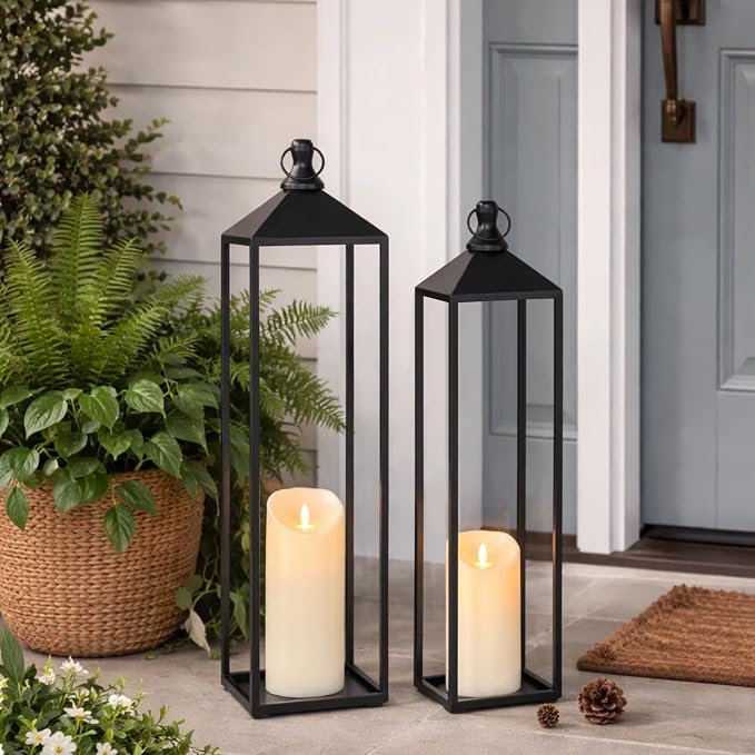 22'' 19'' Large Lanterns Decorative Outdoor Indoor, Set of 2 Candle Lantern | Black Metal Floor Lanterns Decorative for Home Decor, Mantle, Fireplace, Patio, Porch, Garden, Modern Farmhouse No Glass
