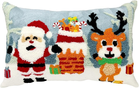 Alysheer Christmas Santa Deer Lumbar Decorative Throw Pillow Cover 12"x 20",Tufted Embroidered Pattern Cozy Cotton Cushion Case for Sofa Couch Living Room Holiday Decor