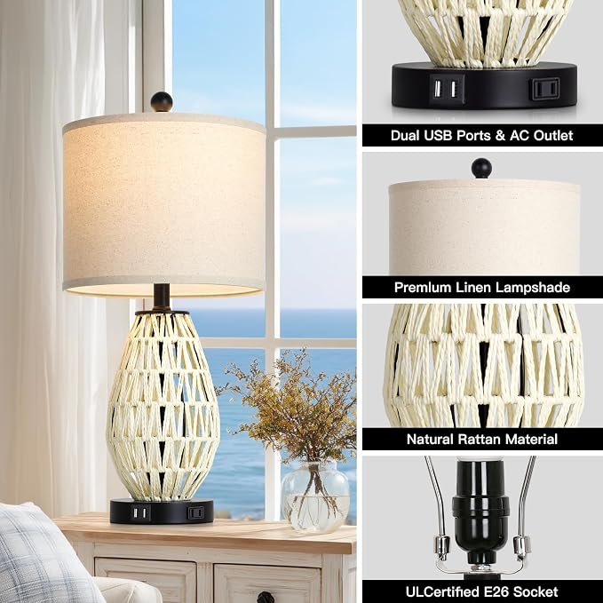 CINSARY Touch Control Rattan Table Lamps, 3 Way Dimmable Bedside Lamps for Bedroom Set of 2 with 2 USB Ports and AC Outlet, Wicker Nightstand Lamps for Living Room (LED Bulbs Included), White