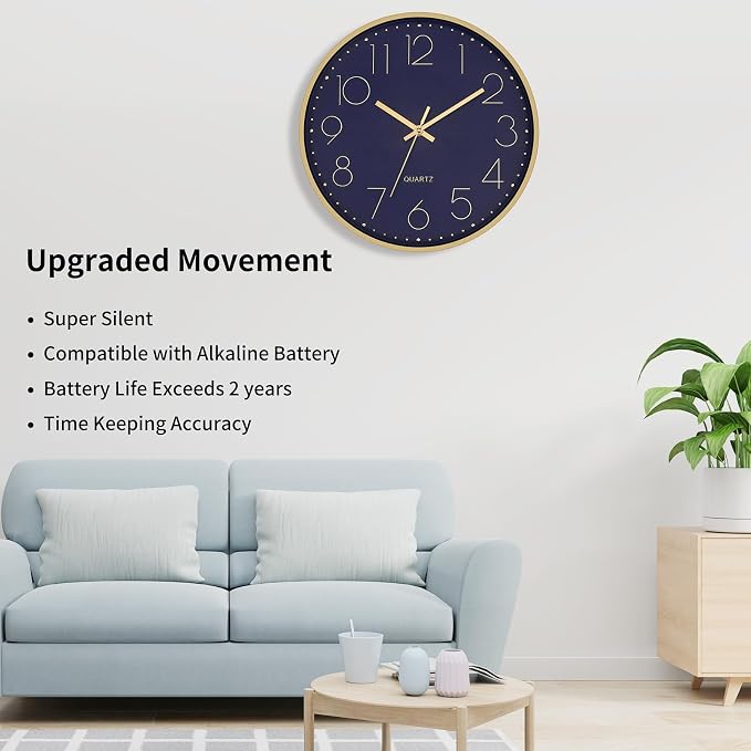 Foxtop 12" Modern Wall Clock Silent Battery Operated Metal Gold Clock | Dark Blue Dial, Non-Ticking, Round, Analog Clock, Quartz, Easy to Read, Living Room, Bedroom, Kitchen, Office