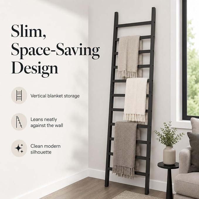 FUIN Blanket Ladder, 24 in Wide 11-Rung Solid Wood Rustic Decor Rack, Black | 11 rungs and 24in wide, Solid wood visible grain, Angled lean-to design, Anti-slip support, Living room and bathroom use