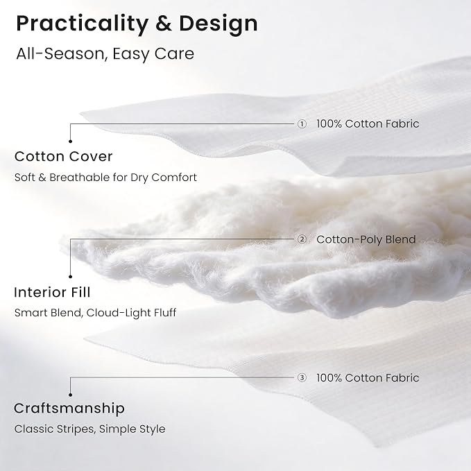 Love's cabin Queen Size Cotton Quilt Set, 100% Cotton Fabric Striped Textured Coverlet with Crinkled Look, Lightweight Quilted Bedspread for All Season, Includes 2 Pillow Shams, White | Lightweight