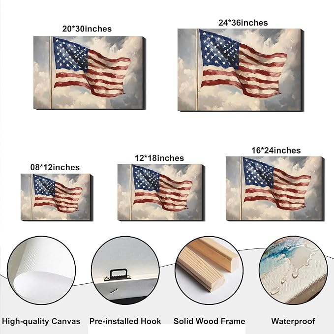 Vintage American Flag Framed Canvas Wall Art 12x18in, Patriotic Oil Painting Canvas Print, 4th of July Independence Day Wall Decor for Living Room, Bedroom, Office, Made in USA