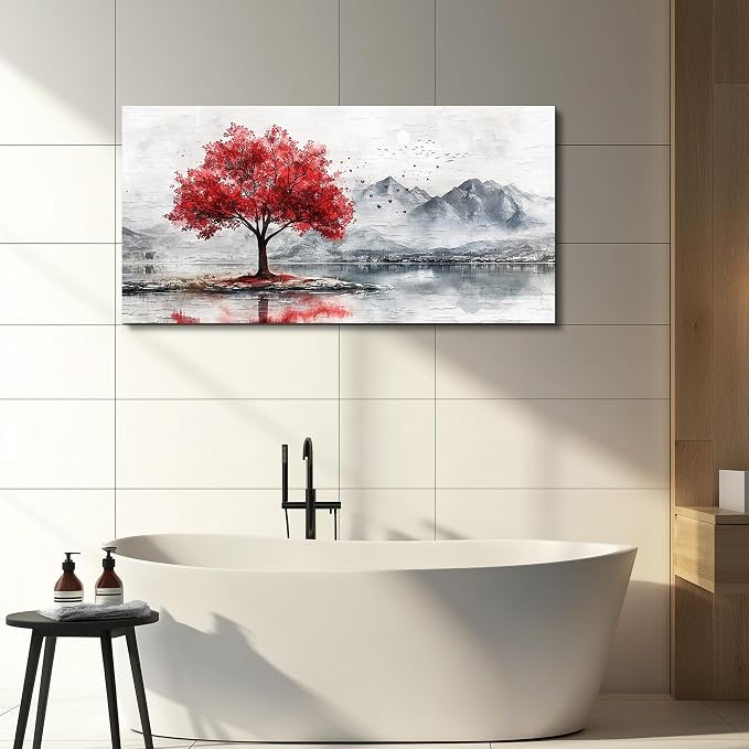 QIYILEXWART Canvas Wall Art For Living Room Wall Decor For Bedroom Office Wall Decoration Red Tree Landscape Painting Farmhouse Pictures Artwork Room Aesthetic Home Decor 20x40 In