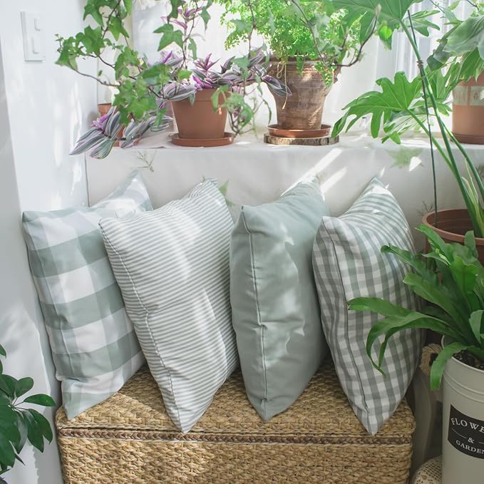 HOPLEE Farmhouse Sage Green Pillow Covers 18x18 Cushion Cover with Buffalo Plaid, Solid Sage Green, Striped and Gingham Plaid Design 18x18 inch,4 Pack