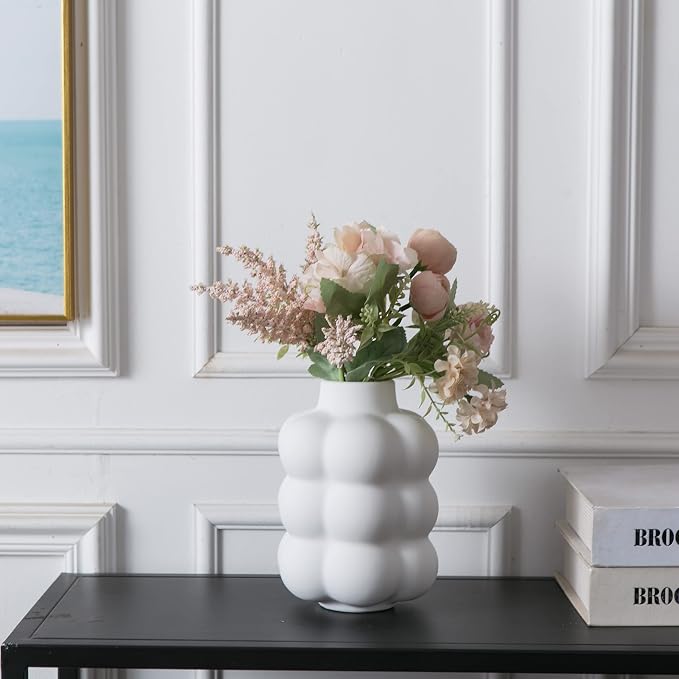 Mowtanco White Ceramic Vase, Modern Small Vase for Centerpiece 6.7" Tall | Boho tabletop decor accent vase for dried flowers, centerpiece for living room bedroom shelf, minimalist home decor gift