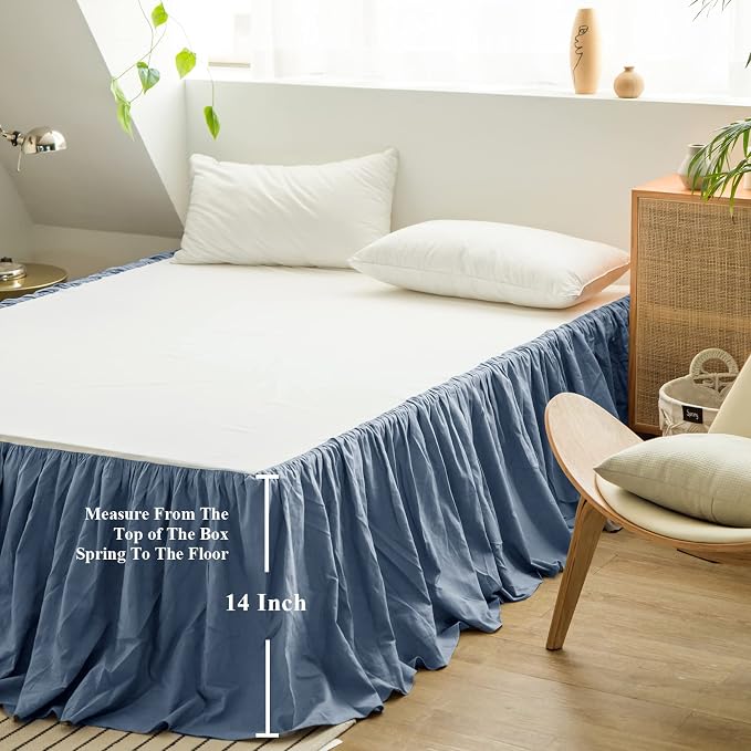 BISELINA French Linen Bed Skirt with Pleated Frills 14-Inch Tailored Drop Natural Flax Cotton Blend Dust Ruffle Soft Cozy Farmhouse Bedding (14" Twin, Navy Blue)