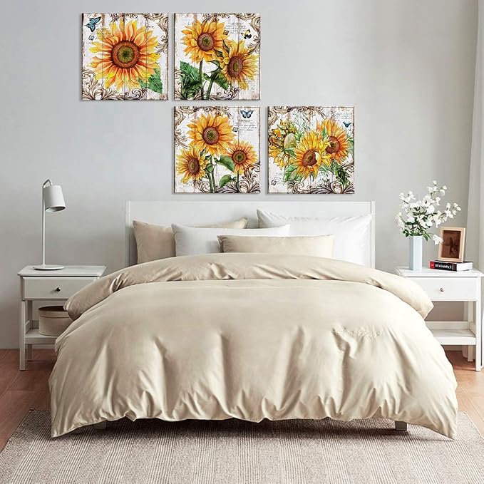 Sunflower Canvas Wall Art Prints Room Decor For Home Office Apartment Wall Decor 24x24 Inch Rustic Sunflower Bathroom Pictures Wall Decorations Inspirational Kitchen Country Artwork Poster 4 Pcs