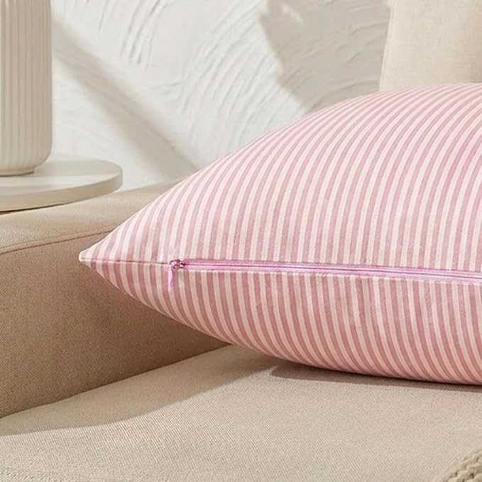 Spring Light Pink Striped Throw Pillow Covers 18x18 Set of 2, Farmhouse Outdoor Decorative Stripe Pillow Covers For Patio Furniture, Funky Blush Pink Throw Pillows 18 x 18 (No Pillow Inserts)