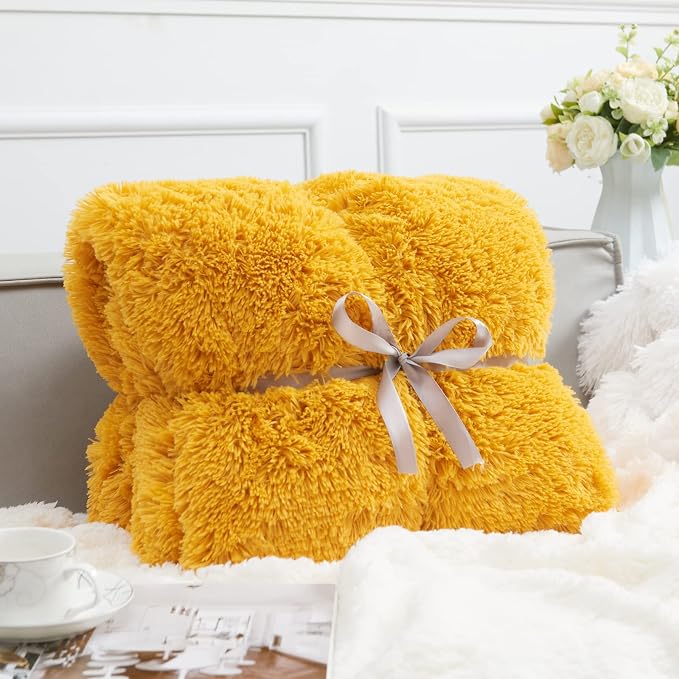 GONAAP Fuzzy Faux Fur Queen Blanket for Couch, Mustard Yellow, 90"x90" | Warm Cozy Plush Shaggy Decorative Reversible Thick Non-Heated Fleece Blanket for Sofa Bed, Gift for Women Men, All Season Use