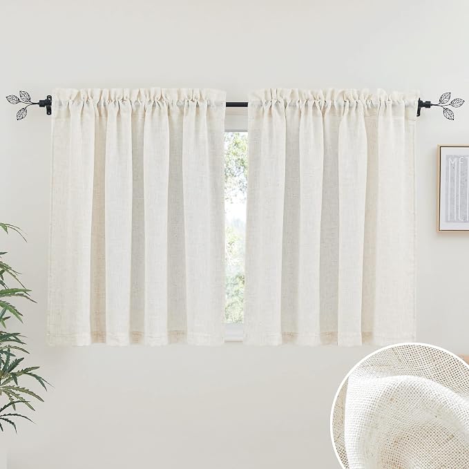 RYB HOME Flax Linen Blend Curtains - Semi Translucent Privacy Kitchen Valances, Light Glare Control Short Small Window Curtains for Bathroom Closet RV, 52" W x 36" L, 2 Pcs, Linen