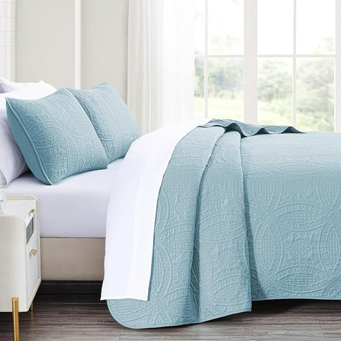 akkialla Twin Quilt Bedding Set,Sky Blue Ultrasonic Quilt Set,Lightweight Soft Bedspread Coverlet,Modern Style Coin Pattern Bed Cover for All Seasons,2 Piece(1 Quilt,1 Pillow Sham)