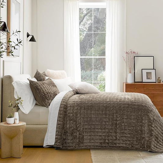RECYCO Channel Box Stitch Velvet Quilt Set, Twin/Twin XL Size, Dune Brown | Ultra Soft Lightweight Velvet Comforter, Luxury Oversized Bedspread Coverlet, Quilted Bedding Set for All Season with 1 Sham
