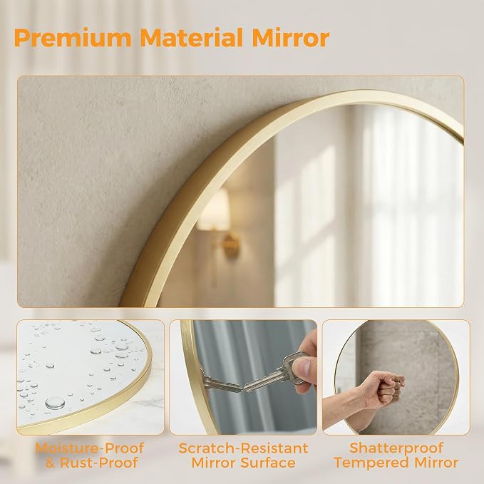 24 Inch Gold Round Bathroom Wall Mirror, Round Mirrors for Wall Decor, Circle Mirror for with HD Shatter-Proof Glass for Entryway, Living Room, Bedroom, Dressing Room, Home Decor