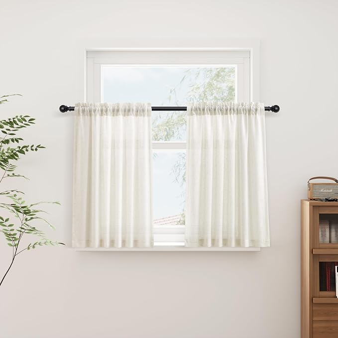 Linen Kitchen Curtains 36 Inches Long for Cafe Natural Cream Semi Sheer Short Curtain Rod Pocket 2 Panels Set Boho Farmhouse Light Filtering Window Drapes for Bathroom RV Beige Ivory 52x36